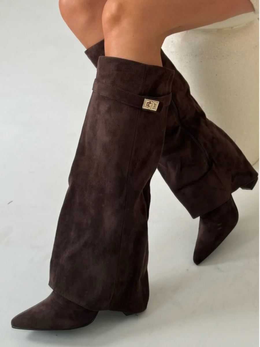 Elegant Women's Knee-High Suede Boots - Black, Beige, Brown, Leather, Size Variants