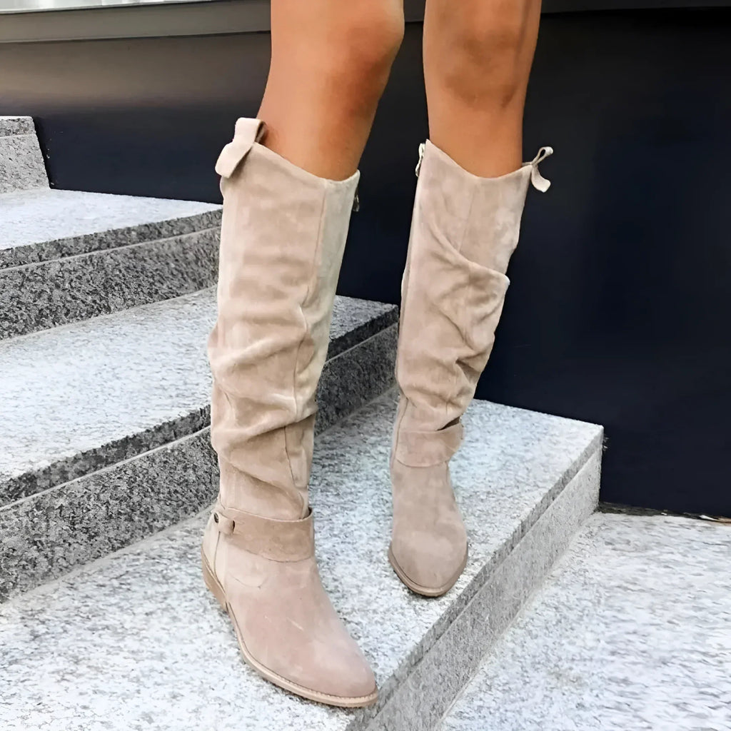 Eleganti stivali da donna in camoscio alti fino al ginocchio - Beige, Marrone, Verde, Nero - Vestibilità comoda