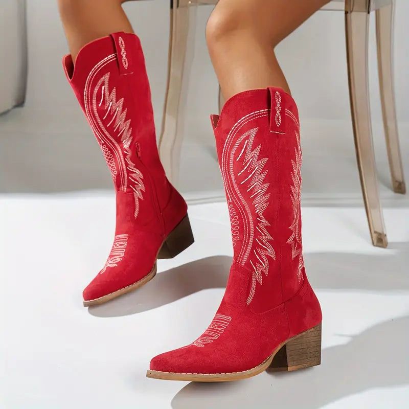 Stivali da cowboy western ricamati da donna - Pelle scamosciata, tacco a blocco, punta affusolata