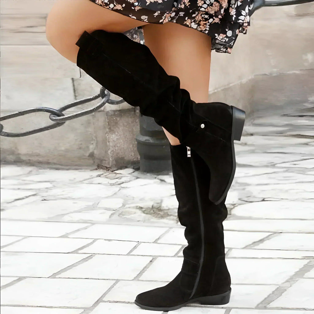 Eleganti stivali da donna in camoscio alti fino al ginocchio - Beige, Marrone, Verde, Nero - Vestibilità comoda