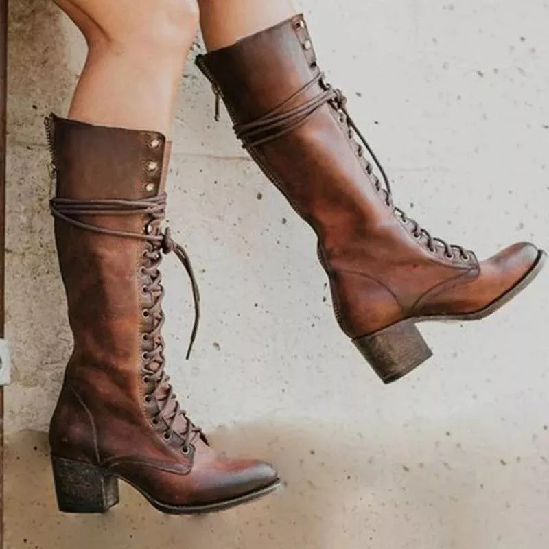 Stivali vintage in pelle al ginocchio con lacci - Neri, marroni, grigi - Taglie da donna