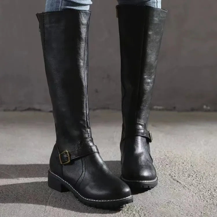 Stivali da donna al ginocchio in pelle con fibbia - Nero/Marrone/Beige - Vestibilità comoda