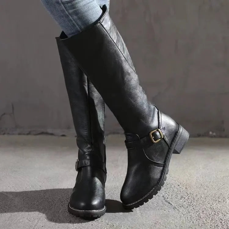 Stivali da donna al ginocchio in pelle con fibbia - Nero/Marrone/Beige - Vestibilità comoda