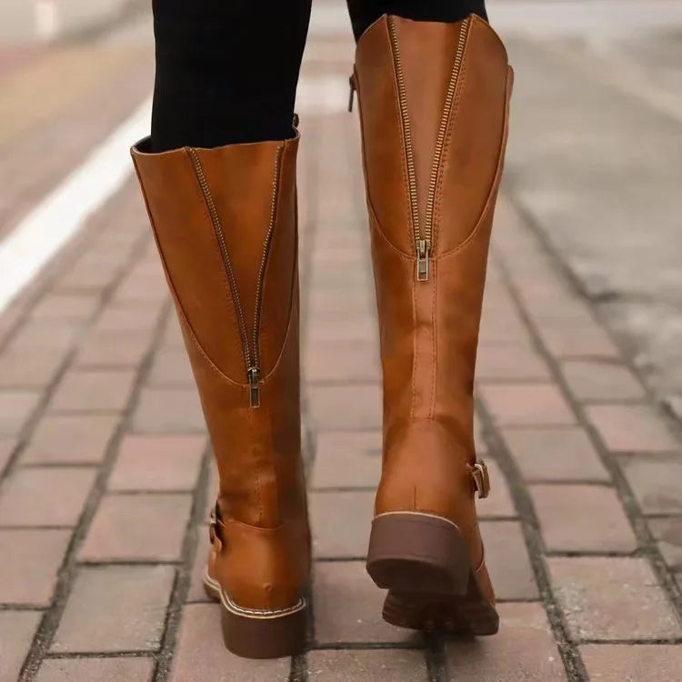 Stivali da donna al ginocchio in pelle con fibbia - Nero/Marrone/Beige - Vestibilità comoda