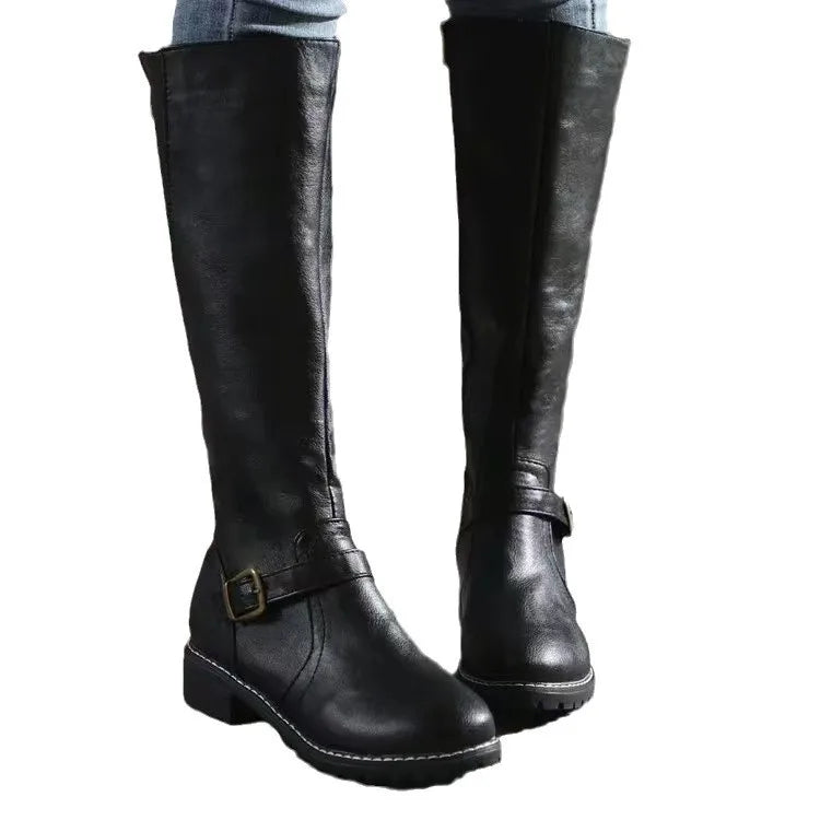 Stivali da donna al ginocchio in pelle con fibbia - Nero/Marrone/Beige - Vestibilità comoda