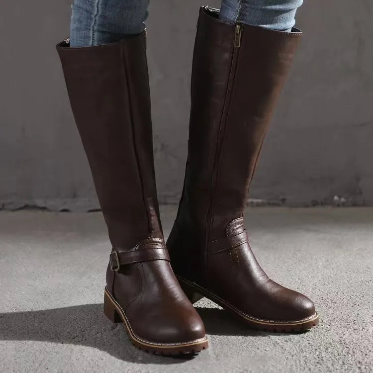 Stivali da donna al ginocchio in pelle con fibbia - Nero/Marrone/Beige - Vestibilità comoda