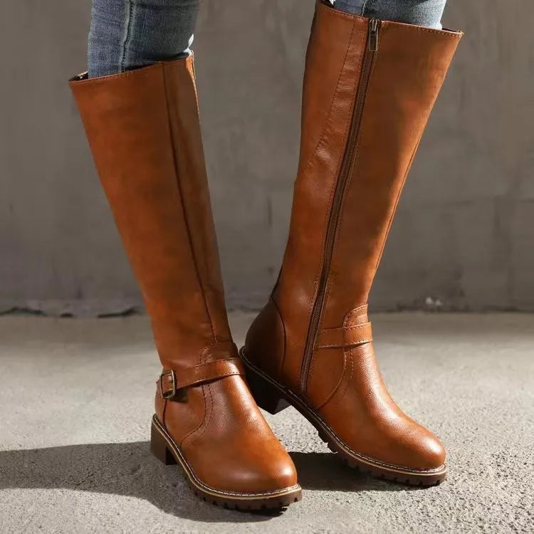 Stivali da donna al ginocchio in pelle con fibbia - Nero/Marrone/Beige - Vestibilità comoda