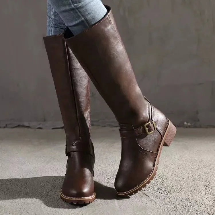 Stivali da donna al ginocchio in pelle con fibbia - Nero/Marrone/Beige - Vestibilità comoda