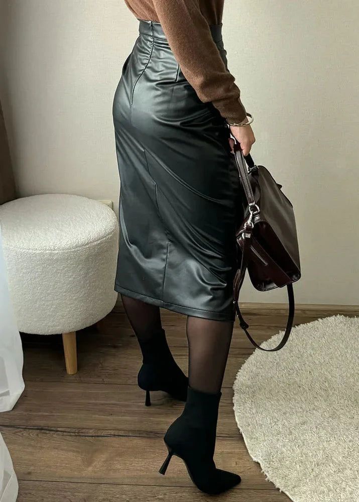 Draped Faux Leather Midi Skirt with Slit - Women's Elegant Pencil Skirt - Available in Black, Beige, Brown