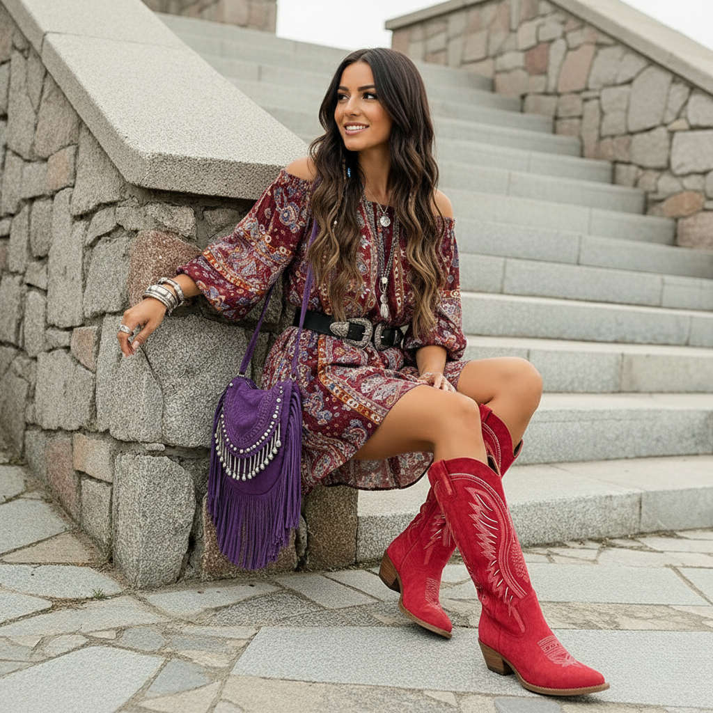 Stivali da cowboy western ricamati da donna - Pelle scamosciata, tacco a blocco, punta affusolata